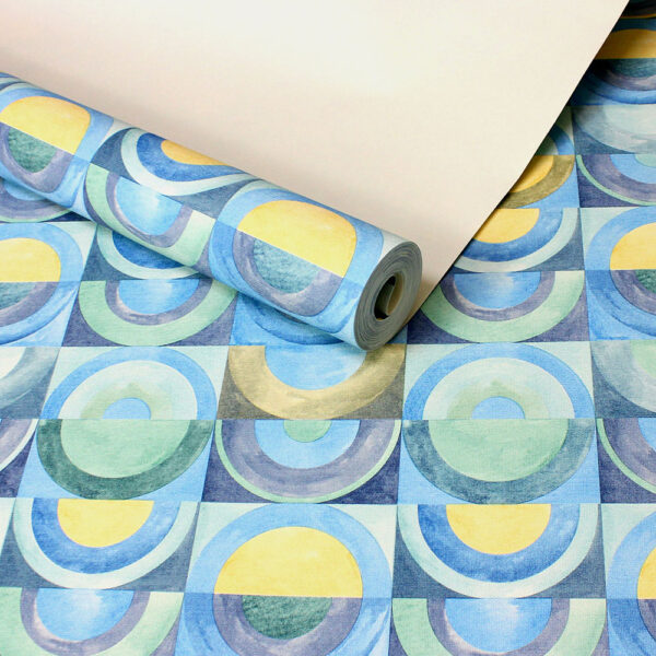 PAPEL DE PAREDE IMPORTADO GEOMÉTRICO TONS DE AZUL E AMARELO VINÍLICO LUXO