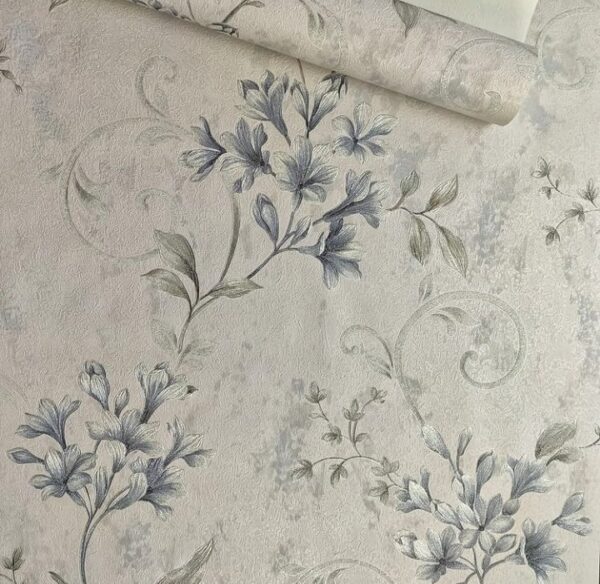 PAPEL DE PAREDE IMPORTADO FLORAL CINZA E AZUL VINÍLICO LUXO