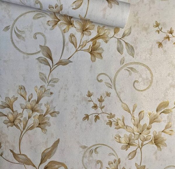 PAPEL DE PAREDE IMPORTADO FLORAL BEGE E DOURADO VINÍLICO LUXO