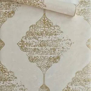 PAPEL DE PAREDE IMPORTADO ARABESCO MANDALA BEGE DOURADO VINÍLICO LUXO