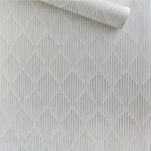 PAPEL DE PAREDE IMPORTADO GEOMÉTRICO BRANCO E PRATA VINÍLICO LUXO