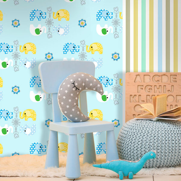 PAPEL DE PAREDE IMPORTADO INFANTIL AZUL ELEFANTINHOS VINÍLICO LUXO