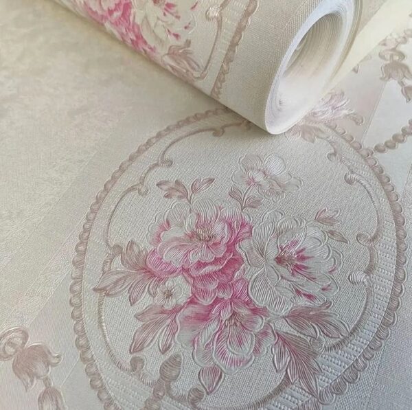 PAPEL DE PAREDE IMPORTADO FLORAL BRANCO OFFWHITE E ROSA VINÍLICO LUXO