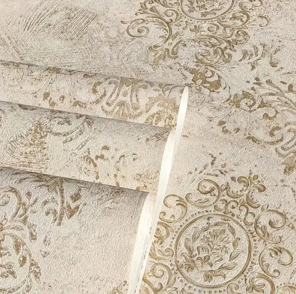 PAPEL DE PAREDE IMPORTADO ARABESCO DOURADO CLARO VINÍLICO TEXTURIZADO LUXO