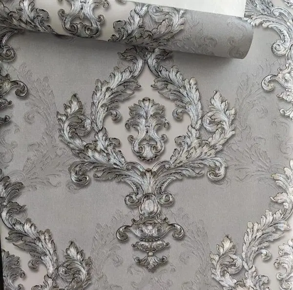 PAPEL DE PAREDE IMPORTADO ARABESCO CLÁSSICO CINZA ESCURO VINÍLICO SUPER LUXO