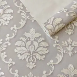 PAPEL DE PAREDE VINÍLICO ARABESCO BRANCO OFFWHITE CINZA CLARO IMPORTADO