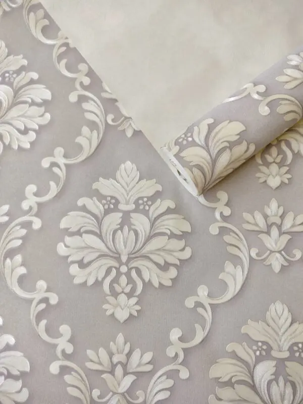 PAPEL DE PAREDE VINÍLICO ARABESCO BRANCO OFFWHITE CINZA CLARO IMPORTADO