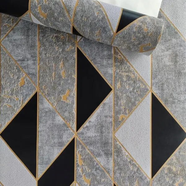 PAPEL DE PAREDE ULTRA RELEVO GEOMÉTRICO PRETO CINZA E DOURADO IMPORTADO