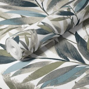 PAPEL DE PAREDE IMPORTADO FOLHAGEM AZUL E VERDE OLIVA VINÍLICO TEXTURIZADO