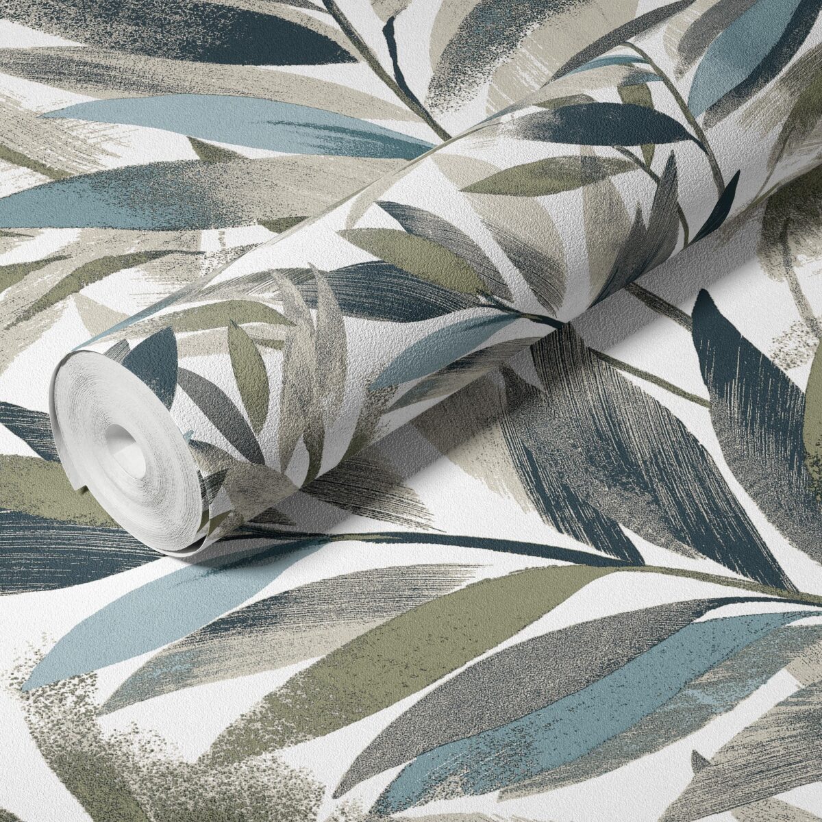 PAPEL DE PAREDE IMPORTADO FOLHAGEM AZUL E VERDE OLIVA VINÍLICO TEXTURIZADO