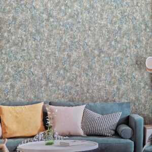 PAPEL DE PAREDE HOMEHAUS IMPORTADO CIMENTO CINZA E AZUL METÁLICO VINÍLICO TEXTURIZADO